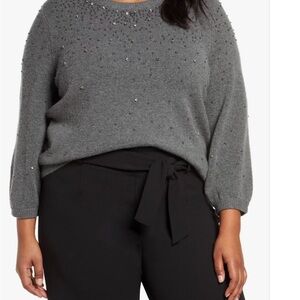 Halogen Gray Jeweled Crew Neck Sweater